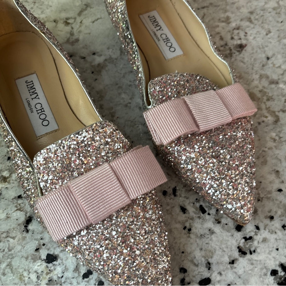 Jimmy Choo Rose Gold Glitter Pointed Flats with Pink Grosgrain Bow